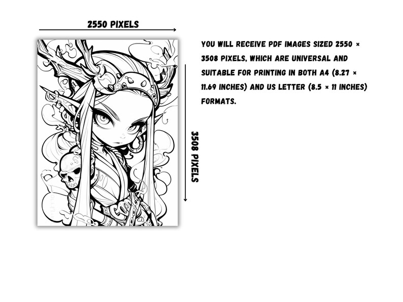 Puede incluir: Ilustraci&oacute;n en blanco y negro de l&iacute;nea de un personaje femenino con ojos grandes, cuernos y una calavera. El personaje lleva una camisa de manga larga y pantalones. La imagen es de 2550 x 3508 p&iacute;xeles.
