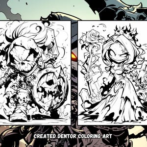 May include: Black and white line art illustration of two spooky characters. One character is a skeletal warrior with a pumpkin shield and the other is a skeletal queen with a rose.
