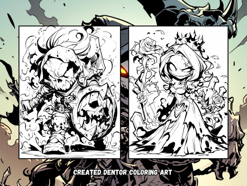 May include: Black and white line art illustration of two spooky characters. One character is a skeletal warrior with a pumpkin shield and the other is a skeletal queen with a rose.