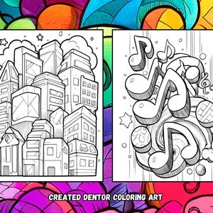 May include: Two black and white coloring pages. One features a cityscape with buildings and clouds. The other depicts musical notes and a record. The text "CREATED DENTOR COLORING ART" is at the bottom.