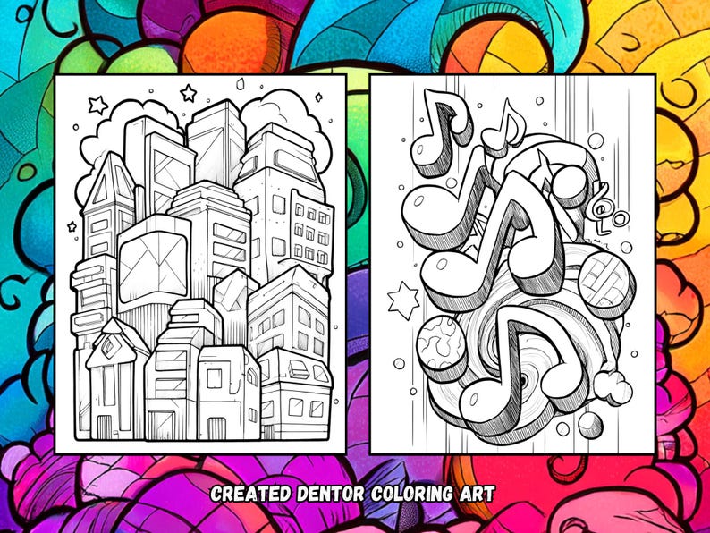 May include: Two black and white coloring pages. One features a cityscape with buildings and clouds. The other depicts musical notes and a record. The text "CREATED DENTOR COLORING ART" is at the bottom.