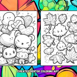May include: Two black and white coloring pages with cute cartoon characters and shapes. One page features hearts, clouds, and animal characters. The other page has leaves, stars, and other shapes. The text "CREATED DENTOR COLORING ART" is at the bottom.