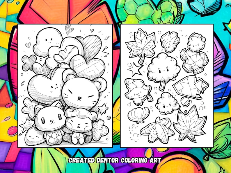 May include: Two black and white coloring pages with cute cartoon characters and shapes. One page features hearts, clouds, and animal characters. The other page has leaves, stars, and other shapes. The text "CREATED DENTOR COLORING ART" is at the bottom.