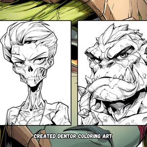 Peut inclure: Illustration de bande dessin&eacute;e en noir et blanc avec deux personnages. L'un est un squelette aux cheveux gomin&eacute;s, l'autre une cr&eacute;ature monstrueuse &agrave; la peau rocheuse. Le texte "CREATED DENTOR COLORING ART" est en bas.