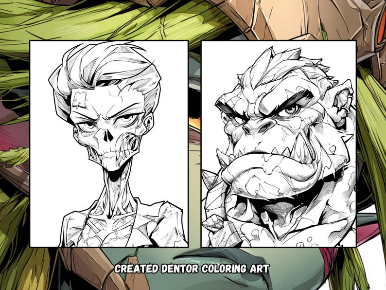 Peut inclure: Illustration de bande dessin&eacute;e en noir et blanc avec deux personnages. L'un est un squelette aux cheveux gomin&eacute;s, l'autre une cr&eacute;ature monstrueuse &agrave; la peau rocheuse. Le texte "CREATED DENTOR COLORING ART" est en bas.