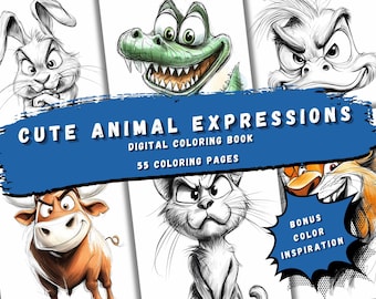 Animal Expressions Coloring Book – 55 Illustrations (Digital Download PDF)