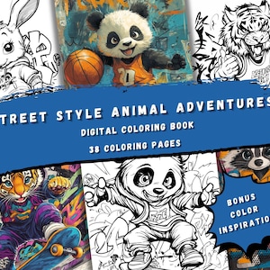 Street Style Animal Adventures: Kolorowanka dla dzieci w miejskim stylu - 38 zabawnych stron - Cyfrowe pobieranie plików PDF
