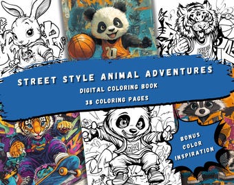 May include: A digital coloring book featuring street style animal adventures. The cover shows a panda, a tiger, a raccoon, and a rabbit, all dressed in street wear and engaging in activities like skateboarding and basketball. The book includes 38 coloring pages and bonus color inspiration.