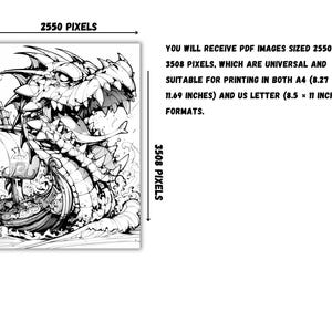 Puede incluir: Ilustraci&oacute;n en blanco y negro de un drag&oacute;n que emerge del agua y ataca un barco. El drag&oacute;n tiene dientes y garras afiladas, y su cola est&aacute; enroscada alrededor del barco. El barco est&aacute; parcialmente sumergido en el agua, y hay olas rompiendo a su alrededor. La imagen tiene 2550 x 3508 p&iacute;xeles.