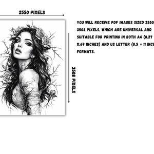 May include: Black and white digital illustration of a woman with long dark hair and a crown of roses. The woman is surrounded by branches and thorns.