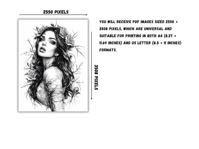 May include: Black and white digital illustration of a woman with long dark hair and a crown of roses. The woman is surrounded by branches and thorns.