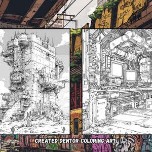 May include: A black and white line drawing of a futuristic building with a complex structure and a detailed interior. The building is surrounded by a barren landscape. The interior shows a room with pipes, wires, and screens.