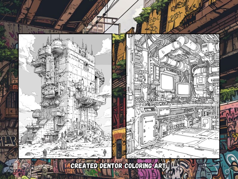 May include: A black and white line drawing of a futuristic building with a complex structure and a detailed interior. The building is surrounded by a barren landscape. The interior shows a room with pipes, wires, and screens.