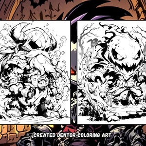 May include: Black and white line art illustration of two fantasy creatures. The first creature is a dwarf with a beard and a large axe. The second creature is a shadowy figure with a large mouth and sharp teeth. The art is labeled "CREATED DENTOR COLORING ART".