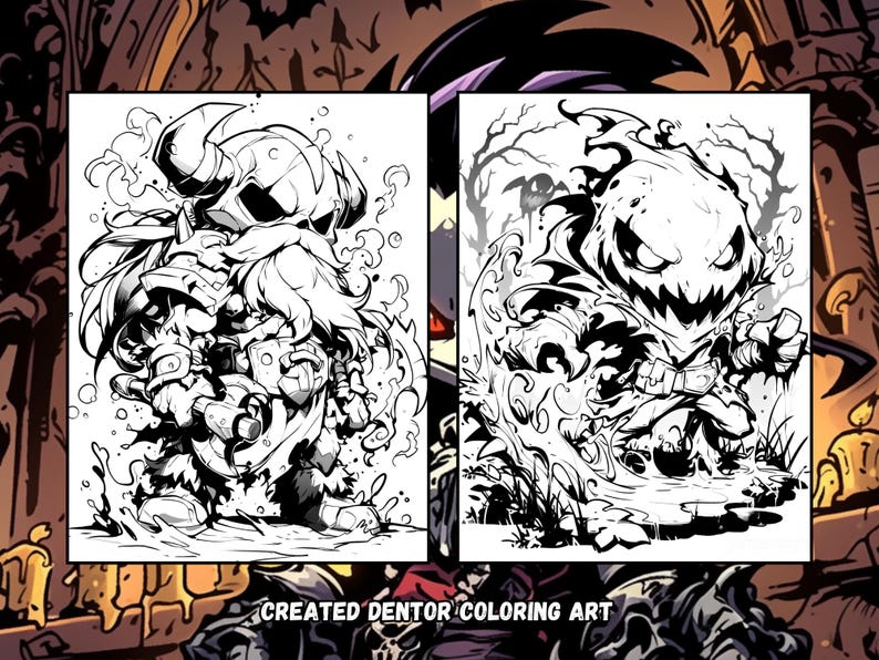 May include: Black and white line art illustration of two fantasy creatures. The first creature is a dwarf with a beard and a large axe. The second creature is a shadowy figure with a large mouth and sharp teeth. The art is labeled "CREATED DENTOR COLORING ART".