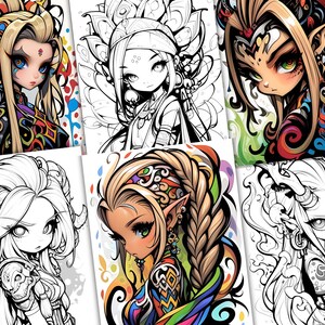 Puede incluir: Seis ilustraciones en blanco y negro de personajes de fantas&iacute;a con acentos coloridos. Cada personaje es una elfa femenina con cabello largo, ojos grandes y detalles intrincados. Los personajes visten ropa y accesorios elaborados.