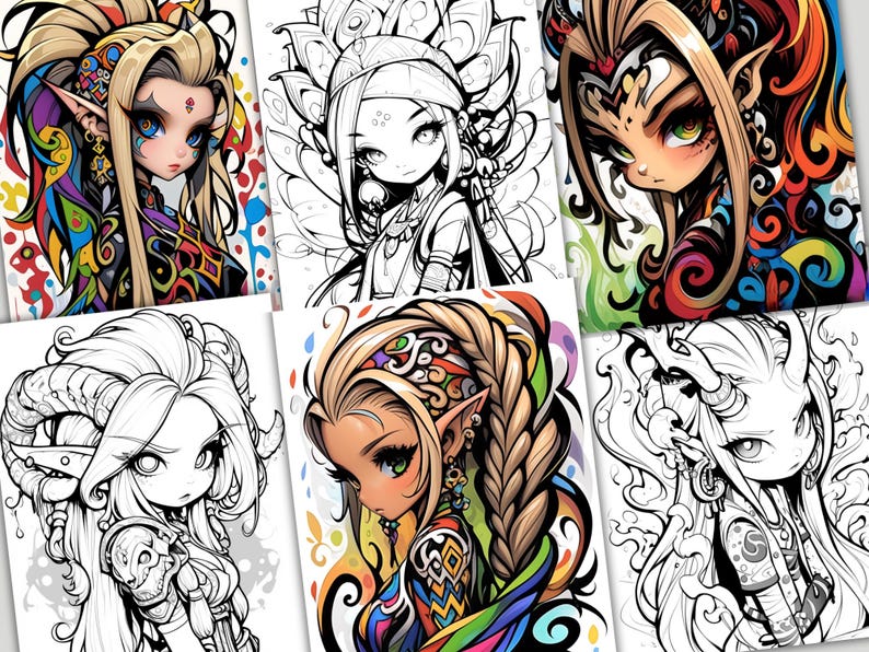 Puede incluir: Seis ilustraciones en blanco y negro de personajes de fantas&iacute;a con acentos coloridos. Cada personaje es una elfa femenina con cabello largo, ojos grandes y detalles intrincados. Los personajes visten ropa y accesorios elaborados.