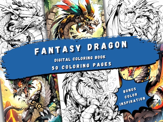 Fantasy Dragon Coloring Book – 50 Futuristic Mythical Creatures (Digital Download)