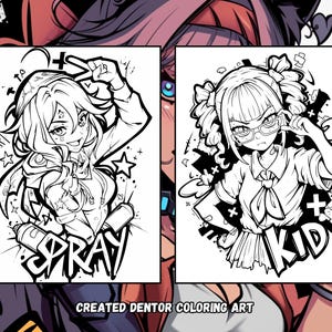 May include: Two black and white line drawings of female characters. The character on the left is holding a spray can and has the word "SPRAY" written below her. The character on the right is wearing glasses and has the word "KID" written below her. The text "CREATED DENTOR COLORING ART" is at the bottom of the image.