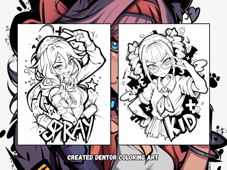 May include: Two black and white line drawings of female characters. The character on the left is holding a spray can and has the word "SPRAY" written below her. The character on the right is wearing glasses and has the word "KID" written below her. The text "CREATED DENTOR COLORING ART" is at the bottom of the image.