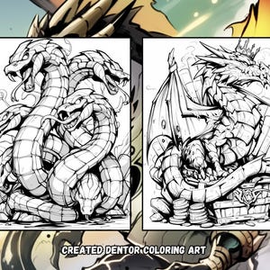 Puede incluir: Ilustraci&oacute;n en blanco y negro de l&iacute;nea de una hidra de tres cabezas y un drag&oacute;n. La hidra est&aacute; enroscada con sus cabezas mirando hacia adelante. El drag&oacute;n est&aacute; sentado en un cofre del tesoro con una corona en la cabeza.