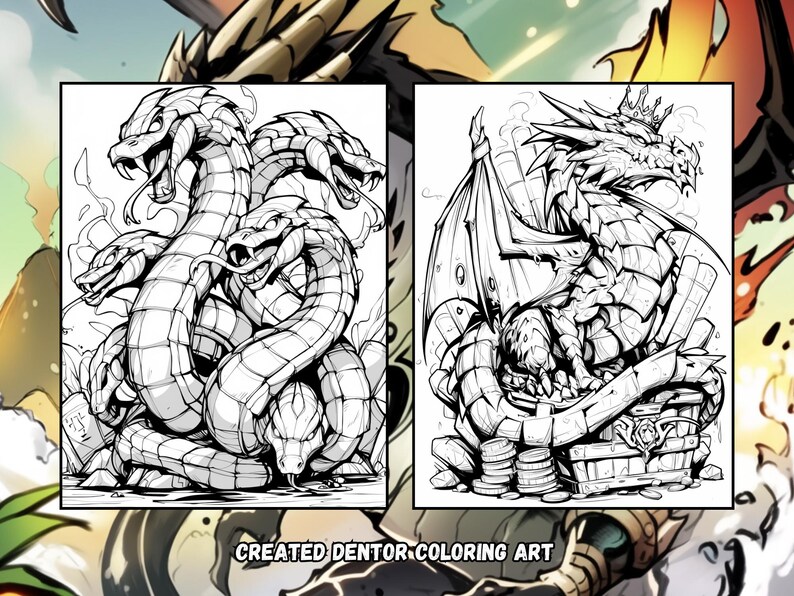 Puede incluir: Ilustraci&oacute;n en blanco y negro de l&iacute;nea de una hidra de tres cabezas y un drag&oacute;n. La hidra est&aacute; enroscada con sus cabezas mirando hacia adelante. El drag&oacute;n est&aacute; sentado en un cofre del tesoro con una corona en la cabeza.