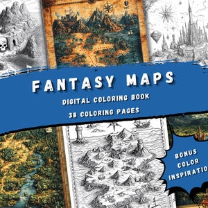 Livre de coloriage Fantasy Maps : îles pirates, royaumes magiques, villes enchantées | Téléchargement numérique