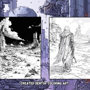 May include: A black and white line drawing of a futuristic landscape with a lone figure walking towards a distant city. The figure is wearing a hooded cloak and carrying a weapon. The landscape is barren and rocky, with tall, thin structures in the background.