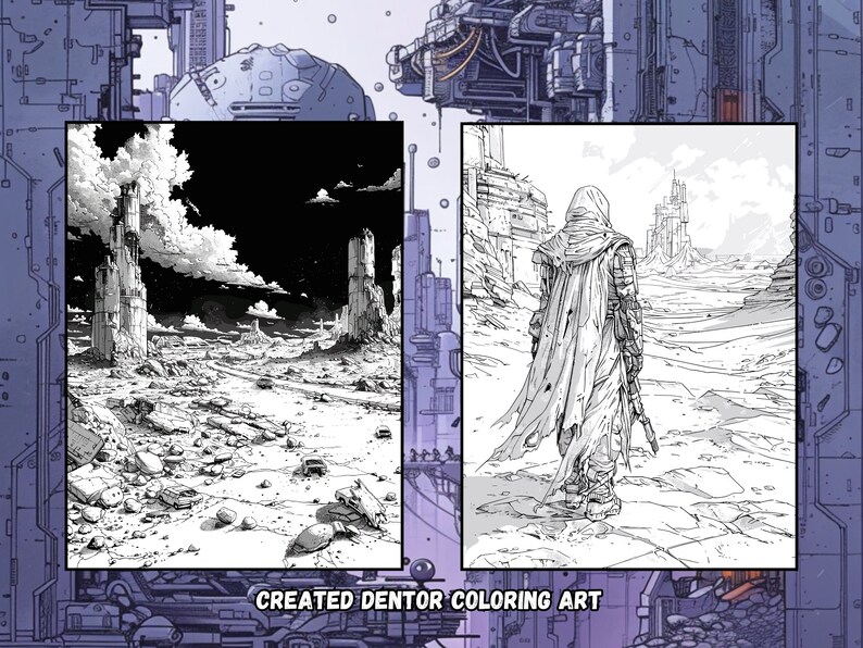 May include: A black and white line drawing of a futuristic landscape with a lone figure walking towards a distant city. The figure is wearing a hooded cloak and carrying a weapon. The landscape is barren and rocky, with tall, thin structures in the background.