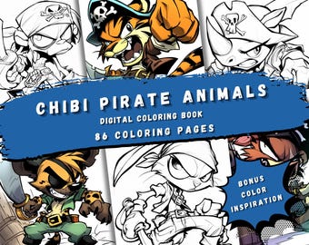 May include: A digital coloring book featuring 86 coloring pages of cute pirate animals. The cover shows a tiger, rhino, fox, and other animals dressed as pirates. The book is titled "Chibi Pirate Animals: Digital Coloring Book".
