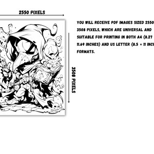 May include: Black and white line art illustration of a hooded figure with a plague doctor mask holding a book and a weapon. The figure is surrounded by smoke and skulls.