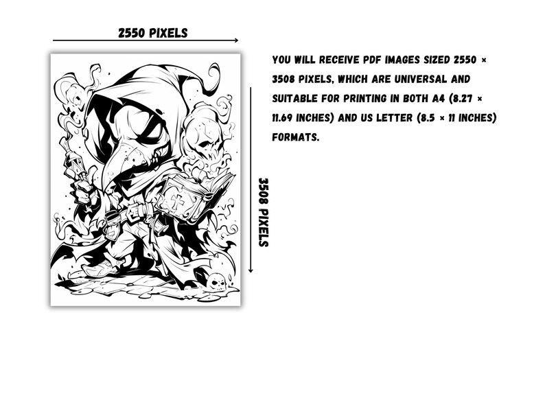 May include: Black and white line art illustration of a hooded figure with a plague doctor mask holding a book and a weapon. The figure is surrounded by smoke and skulls.