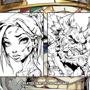 Peut inclure: Pages de coloriage en noir et blanc pr&eacute;sentant un personnage f&eacute;minin avec des points de suture et une figure monstrueuse cornue. Le texte "CREATED DENTOR COLORING ART" est au bas de l'image. Le style artistique rappelle les bandes dessin&eacute;es.