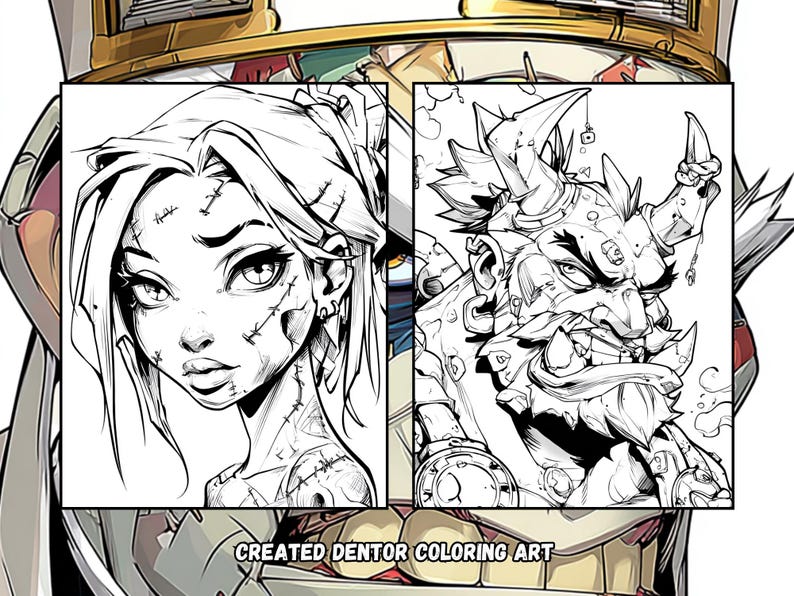 Peut inclure: Pages de coloriage en noir et blanc pr&eacute;sentant un personnage f&eacute;minin avec des points de suture et une figure monstrueuse cornue. Le texte "CREATED DENTOR COLORING ART" est au bas de l'image. Le style artistique rappelle les bandes dessin&eacute;es.