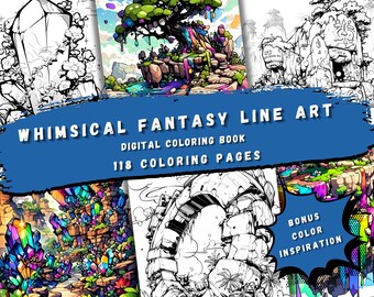 Whimsical Fantasy Line Art Coloring Book - 118 Pages of Playful Magical Landscapes, Printable PDF
