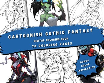 Cartoonish Gothic Fantasy Coloring Book - 70 Dark Pages, Printable PDF