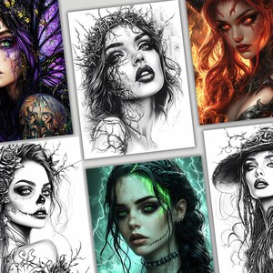 May include: A collection of six black and white illustrations of women with different styles and accessories. Each illustration features a woman with a unique hairstyle, makeup, and clothing. The illustrations are drawn in a realistic style and have a dark and mysterious feel.