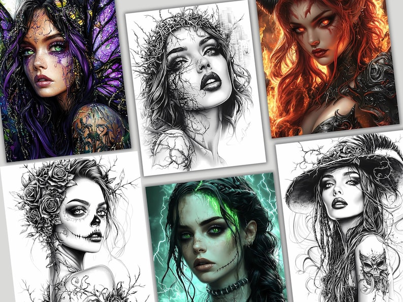 May include: A collection of six black and white illustrations of women with different styles and accessories. Each illustration features a woman with a unique hairstyle, makeup, and clothing. The illustrations are drawn in a realistic style and have a dark and mysterious feel.
