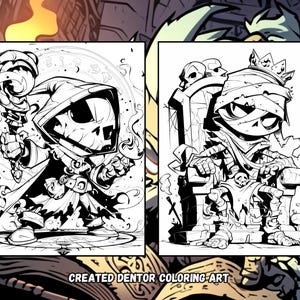Pu&ograve; includere: Illustrazione in bianco e nero di due personaggi spettrali. Il primo personaggio &egrave; una figura scheletrica che indossa una tunica con cappuccio e tiene uno scettro. Il secondo personaggio &egrave; una mummie che indossa una corona e siede su un trono.