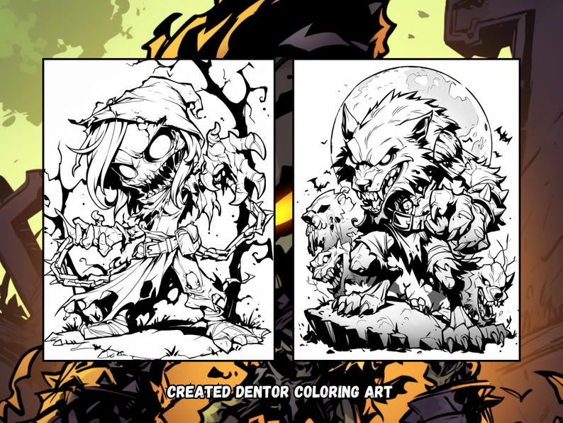 May include: Black and white line art illustration of two spooky characters. The first character is a hooded figure with sharp claws and a menacing expression. The second character is a werewolf with sharp teeth and claws. The art is labeled "Created Dentor Coloring Art".
