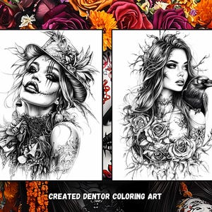 May include: Two black and white illustrations of women. The first illustration features a woman with a hat and a skull face paint. The second illustration features a woman with long hair and a raven on her shoulder.