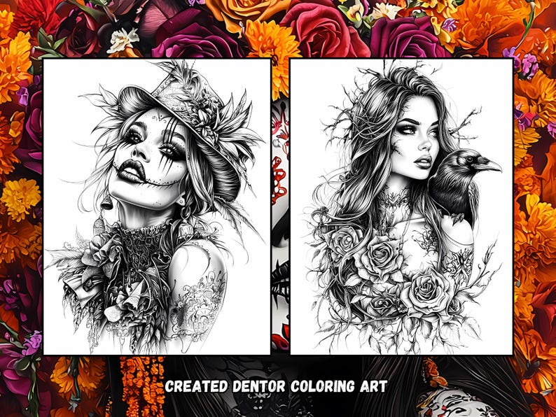 May include: Two black and white illustrations of women. The first illustration features a woman with a hat and a skull face paint. The second illustration features a woman with long hair and a raven on her shoulder.