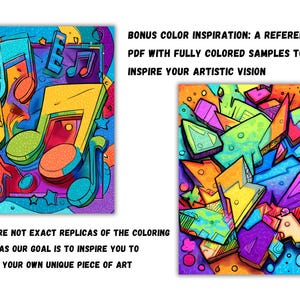 May include: Two colorful abstract art pieces. One features musical notes in yellow, orange, red, and blue. The other showcases geometric shapes in various colors. Text reads: BONUS COLOR INSPIRATION: A REFERENCE PDF WITH FULLY COLORED SAMPLES TO INSPIRE YOUR ARTISTIC VISION. THEY ARE NOT EXACT REPLICAS OF THE COLORING PAGES, AS OUR GOAL IS TO INSPIRE YOU TO CREATE YOUR OWN UNIQUE PIECE OF ART.