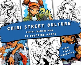 May include: Digital coloring book titled "Chibi Street Culture" with 89 coloring pages. The cover features several illustrations of stylized characters in street style, with a blue banner across the center.