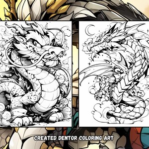 Puede incluir: Dos dibujos en blanco y negro de dragones. El drag&oacute;n de la izquierda est&aacute; enroscado en una bola, mientras que el drag&oacute;n de la derecha est&aacute; de pie sobre sus patas traseras con las alas extendidas. El texto "CREATED DENTOR COLORING ART" est&aacute; en la parte inferior de la imagen.