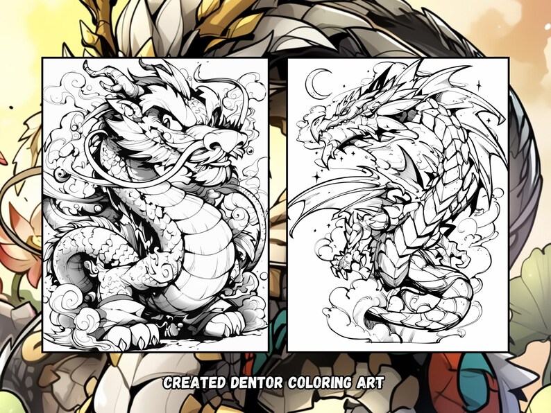 Puede incluir: Dos dibujos en blanco y negro de dragones. El drag&oacute;n de la izquierda est&aacute; enroscado en una bola, mientras que el drag&oacute;n de la derecha est&aacute; de pie sobre sus patas traseras con las alas extendidas. El texto "CREATED DENTOR COLORING ART" est&aacute; en la parte inferior de la imagen.