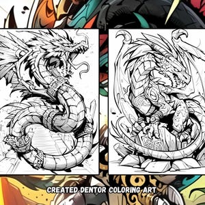 Puede incluir: Dos dibujos en blanco y negro de dragones. El drag&oacute;n de la izquierda est&aacute; enroscado alrededor de un conjunto de escaleras. El drag&oacute;n de la derecha est&aacute; de pie sobre una roca.