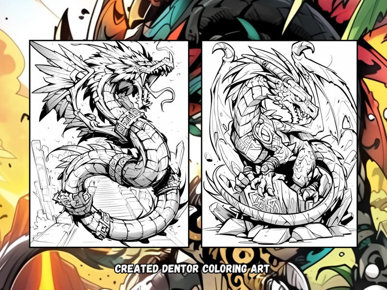 Puede incluir: Dos dibujos en blanco y negro de dragones. El drag&oacute;n de la izquierda est&aacute; enroscado alrededor de un conjunto de escaleras. El drag&oacute;n de la derecha est&aacute; de pie sobre una roca.
