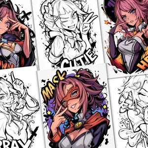 May include: Six different coloring pages featuring anime-style characters with various poses and expressions. Each page includes a word or phrase like "Crown", "Cutie", "Hex", "Mask", "Spray", and "Love".