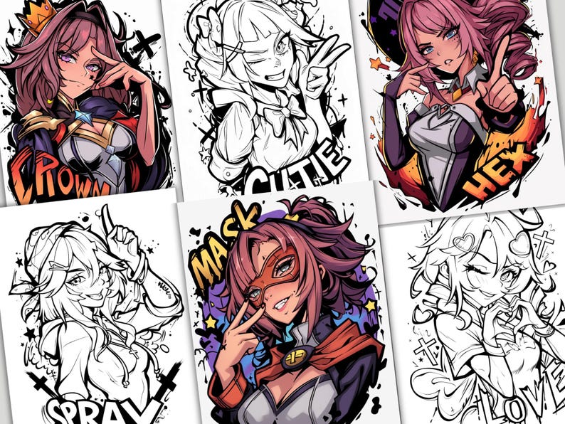 May include: Six different coloring pages featuring anime-style characters with various poses and expressions. Each page includes a word or phrase like "Crown", "Cutie", "Hex", "Mask", "Spray", and "Love".